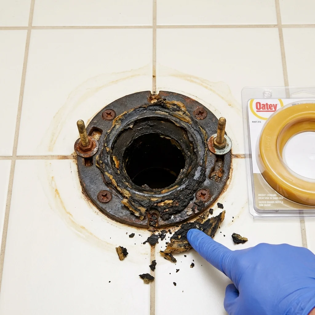Failed wax ring showing water seepage at the base of a toilet in a Hampton, AR home